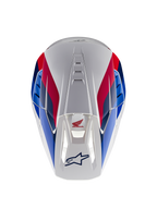 Alpinestars Honda S-M5 Helmet ECE, kask motocrossowy, biało-niebiesko-czerwony z połyskiem, widok z góry eksponujący kanały wentylacyjne, czerwona i niebieska grafika z logo Honda i Alpinestars