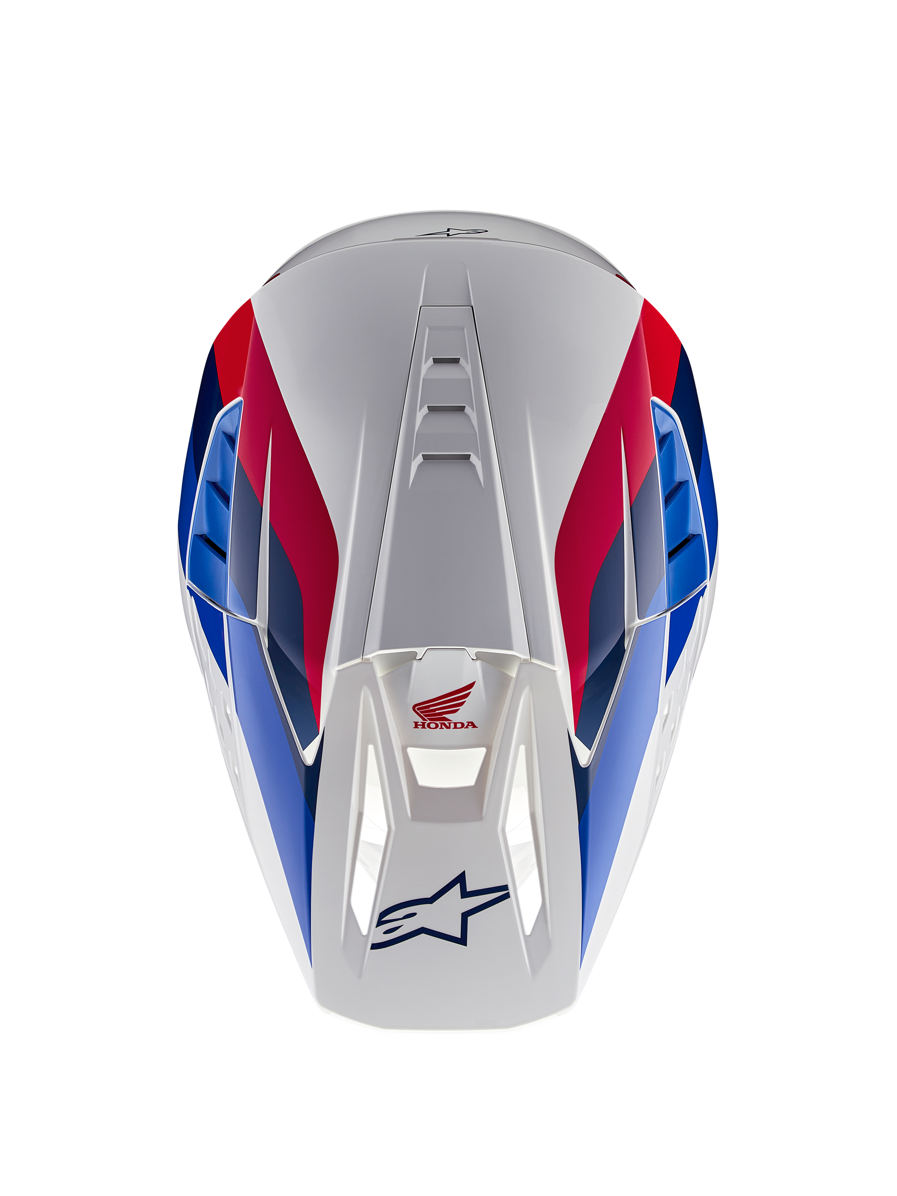 Alpinestars Honda S-M5 Helmet ECE, kask motocrossowy, biało-niebiesko-czerwony z połyskiem, widok z góry eksponujący kanały wentylacyjne, czerwona i niebieska grafika z logo Honda i Alpinestars