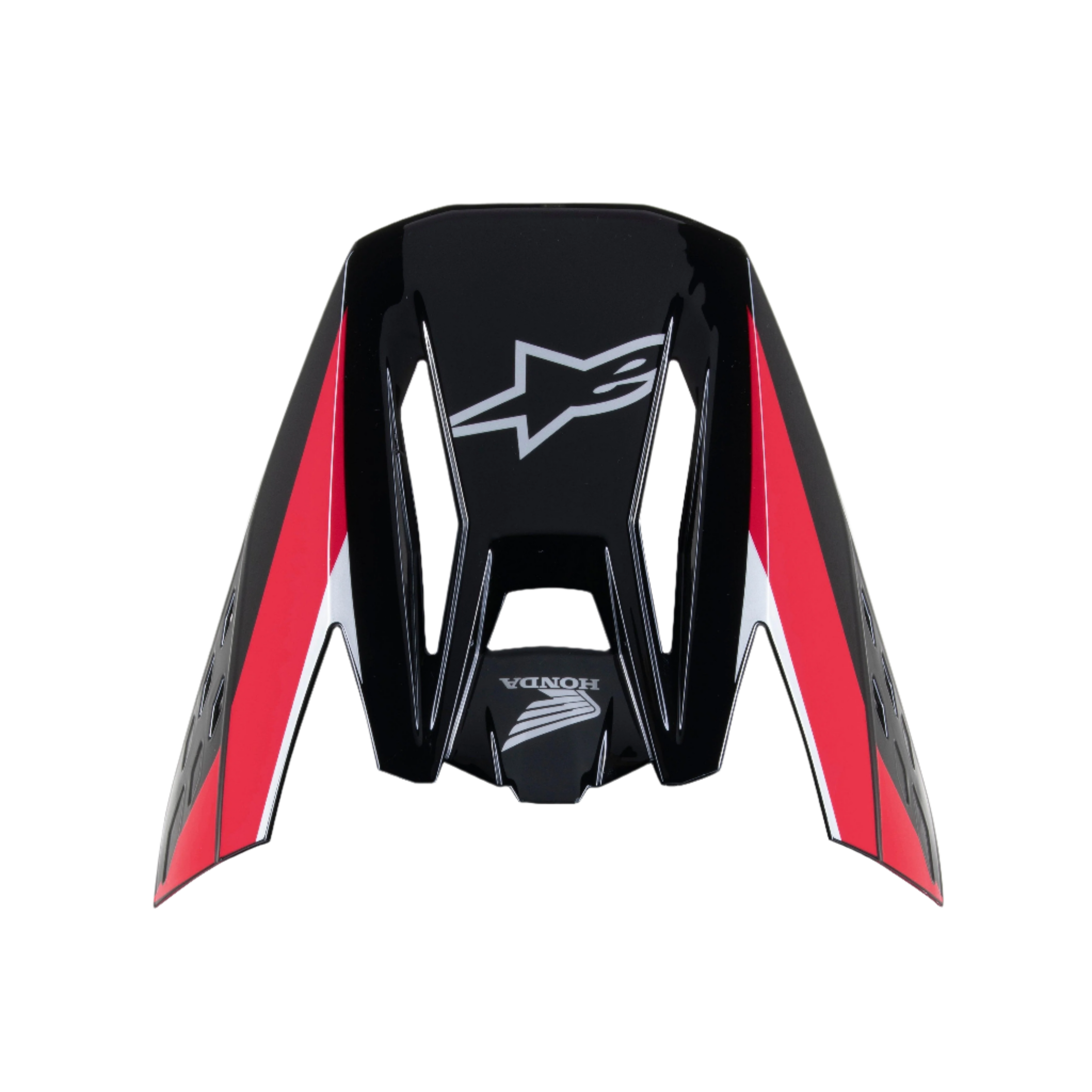 Wizjer Alpinestars Honda S-M5, czarno-czerwony błyszczący, zamienny daszek do kasku motocrossowego, z białymi logo Alpinestars i Honda, czerwono-białe paski graficzne, błyszczące wykończenie do jazdy terenowej