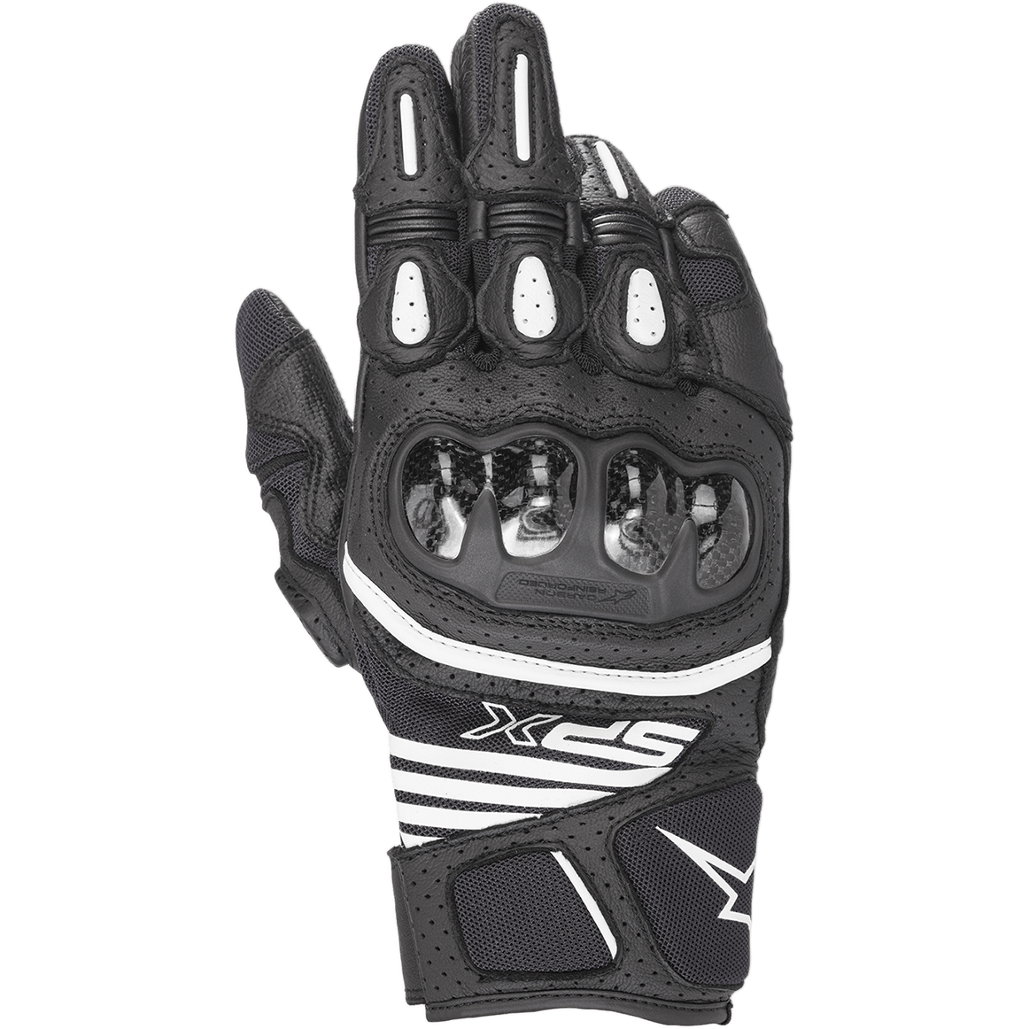 Rękawice Alpinestars SPX AC V2, motocyklowe rękawice z krótkim mankietem, czarno-białe, z błyszczącym karbonowym ochraniaczem kostek, perforowaną skórą i siatką zapewniającą wentylację, białymi wstawkami TPR na palcach oraz sportowym logo SPX