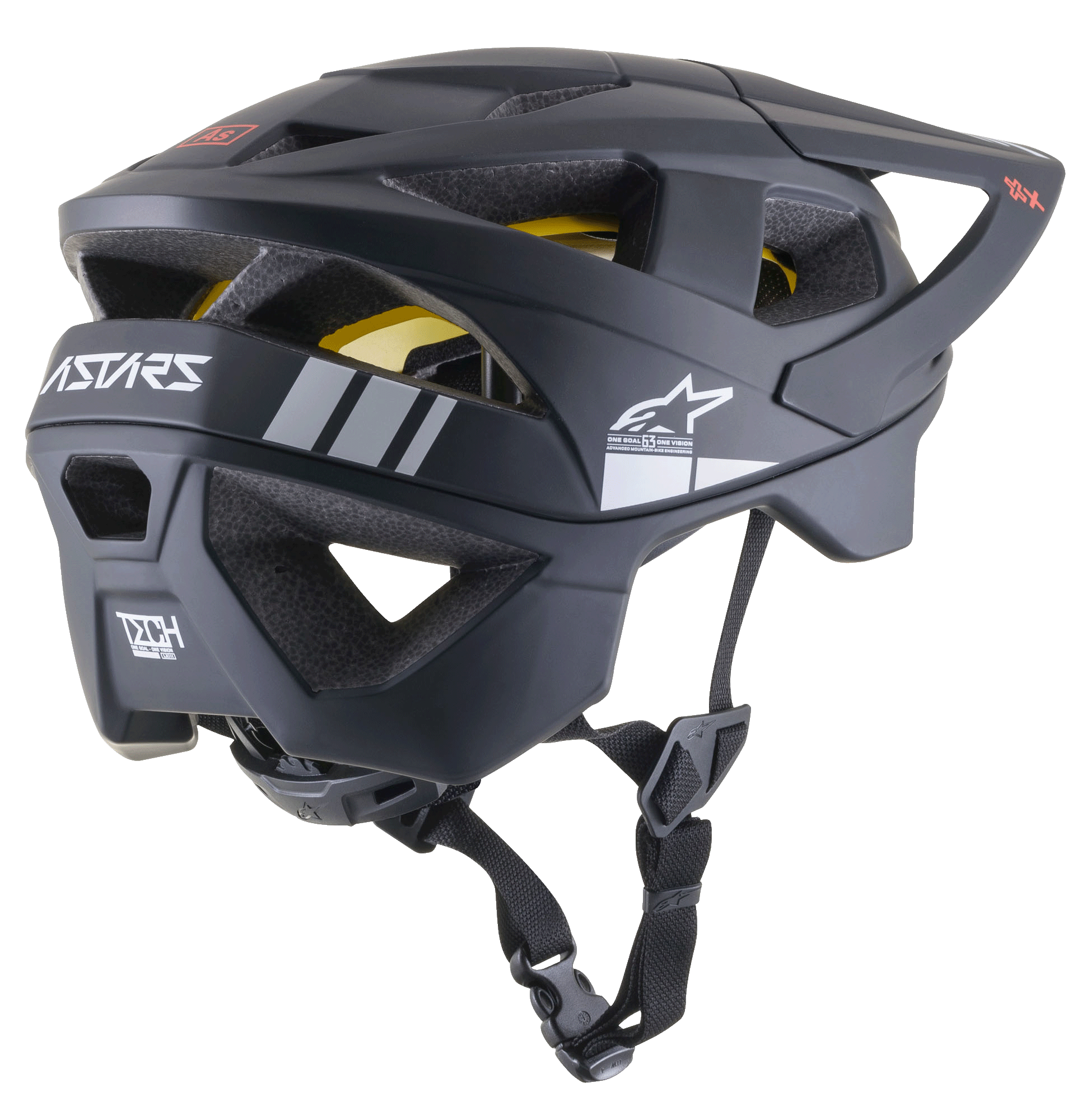 Kask MTB Alpinestars Vector Tech A1, kask do jazdy na rowerze górskim, czarny matowy z jasnoszarymi akcentami, profil boczno-tylny ukazujący otwory wentylacyjne, białe logo gwiazdy Alpinestars, branding ASTARS oraz widoczna żółta wkładka MIPS, z regulowanym czarnym paskiem podbródkowym.