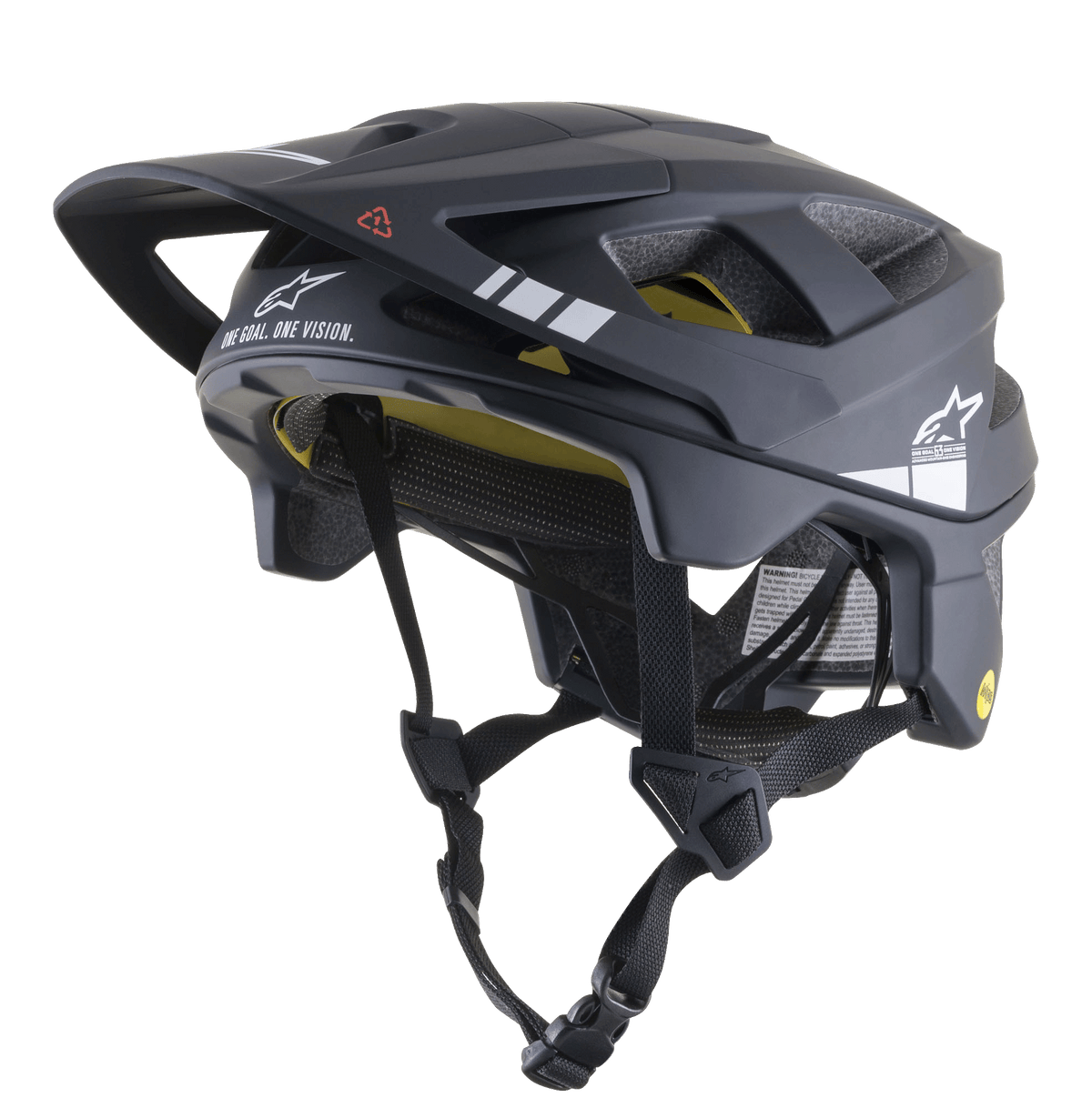 Kask rowerowy MTB Alpinestars Vector Tech A1, czarny i jasnoszary matowy, białe grafiki i napis „ONE GOAL. ONE VISION.”, widoczna żółta wyściółka wewnętrzna MIPS, liczne otwory wentylacyjne, regulowane czarne paski z klamrą szybkiego uwalniania, przedłużona osłona tyłu i boków, matowe wykończenie