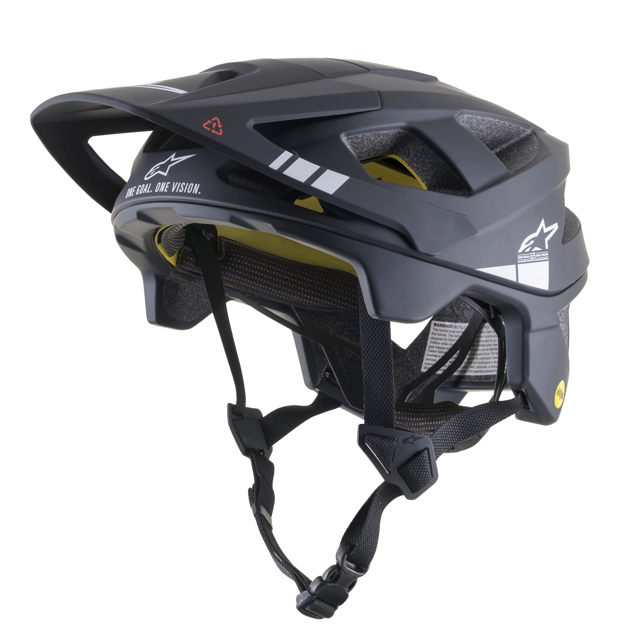 Kask rowerowy MTB Alpinestars Vector Tech A1, czarny i jasnoszary matowy, białe grafiki i napis „ONE GOAL. ONE VISION.”, widoczna żółta wyściółka wewnętrzna MIPS, liczne otwory wentylacyjne, regulowane czarne paski z klamrą szybkiego uwalniania, przedłużona osłona tyłu i boków, matowe wykończenie