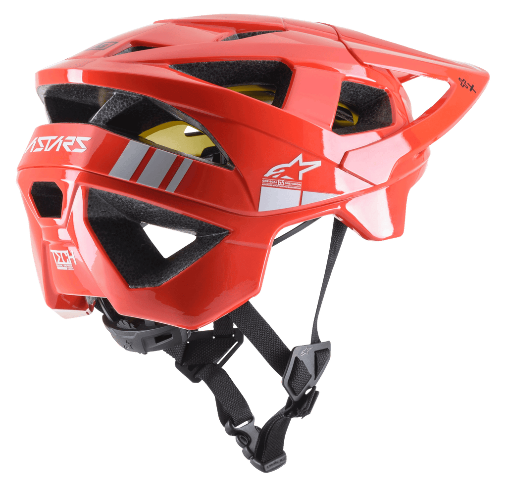Kask MTB Alpinestars Vector Tech A2, kask rowerowy górski, jasnoczerwony i jasnoszary z połyskiem, 19 otworów wentylacyjnych, białe logo, żółta wyściółka MIPS, regulowany czarny pasek podbródkowy, wytrzymały i lekki, zapewnia ochronę w terenie