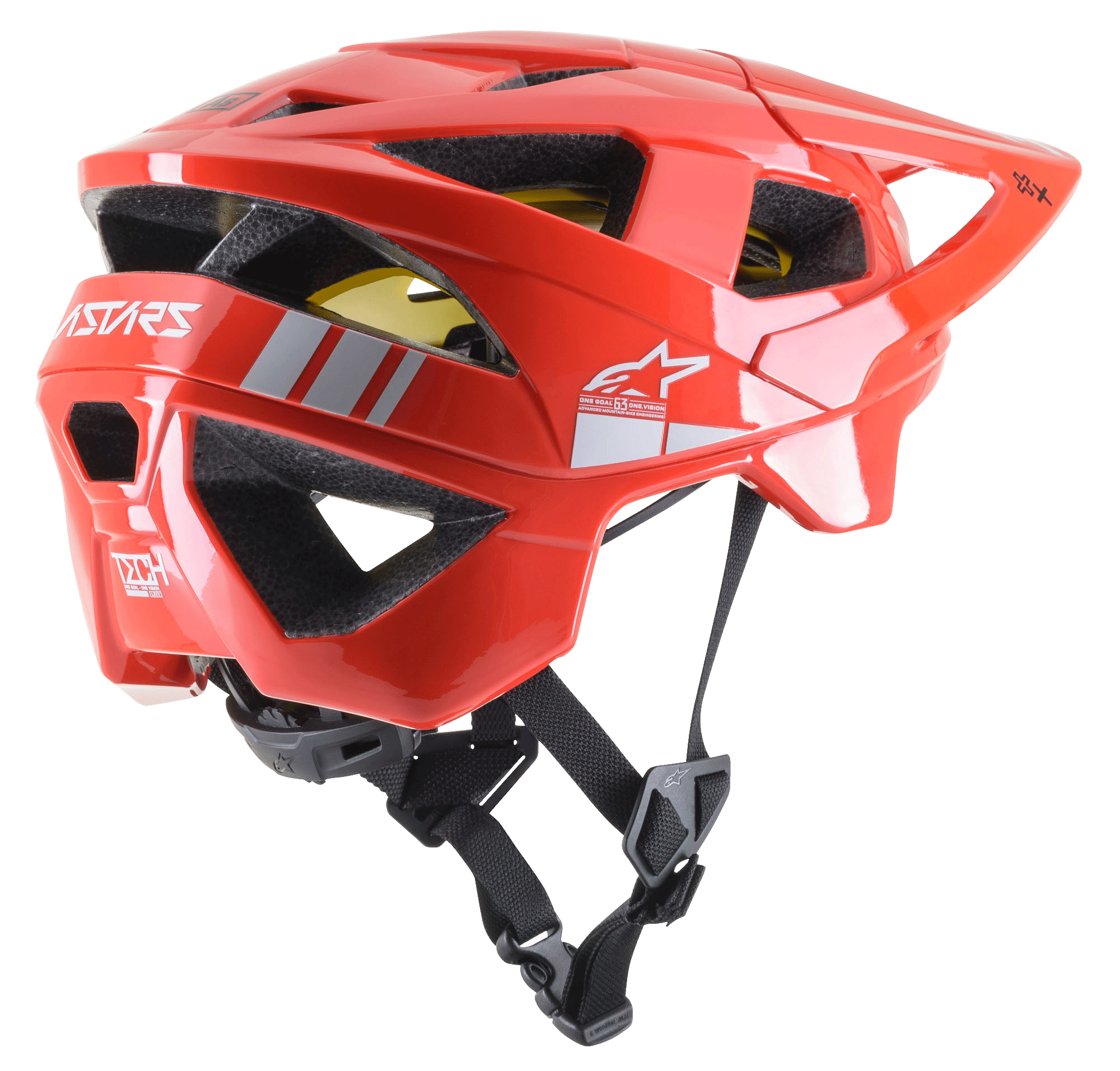 Kask MTB Alpinestars Vector Tech A2, kask rowerowy górski, jasnoczerwony i jasnoszary z połyskiem, 19 otworów wentylacyjnych, białe logo, żółta wyściółka MIPS, regulowany czarny pasek podbródkowy, wytrzymały i lekki, zapewnia ochronę w terenie