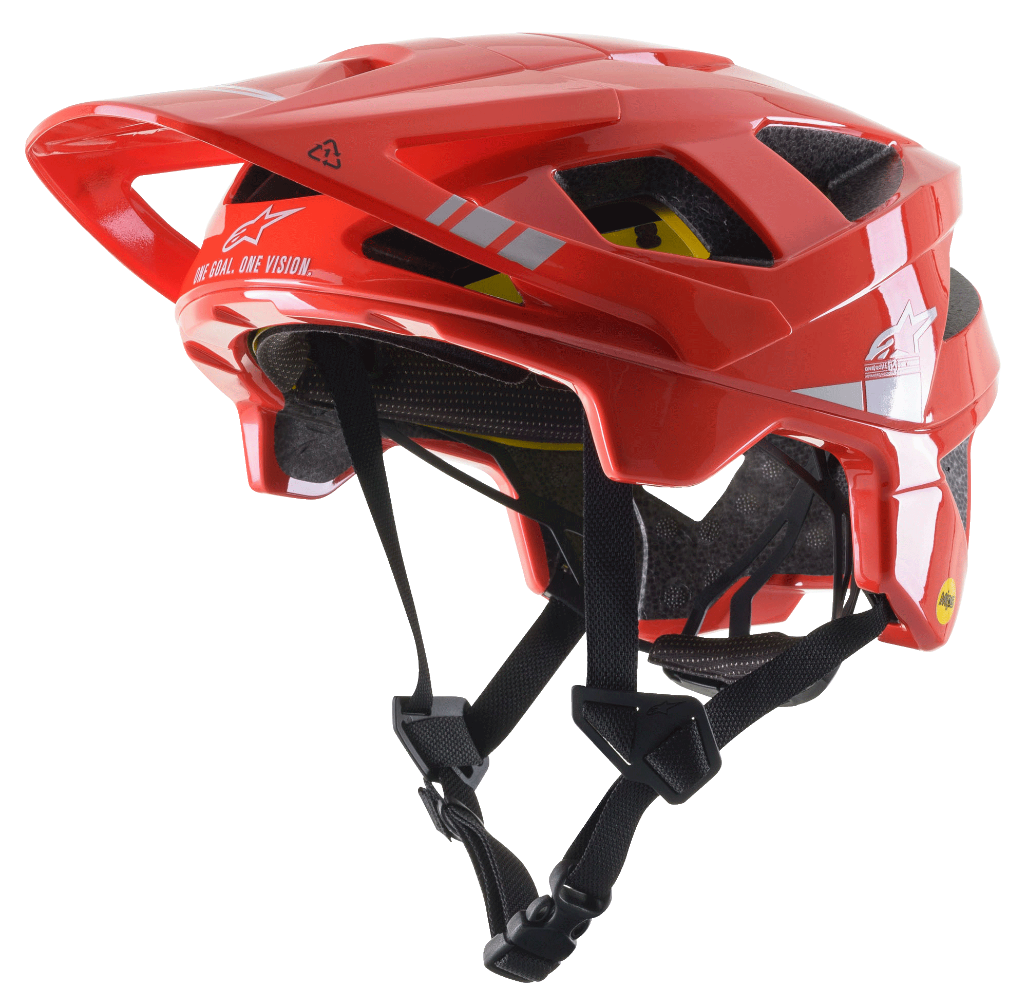 Kask MTB Alpinestars Vector Tech A2, jaskrawoczerwony z jasnoszarymi błyszczącymi akcentami, białe logo i grafiki Alpinestars, regulowany daszek, liczne otwory wentylacyjne, czarne paski podbródkowe, lekka konstrukcja do jazdy górskiej