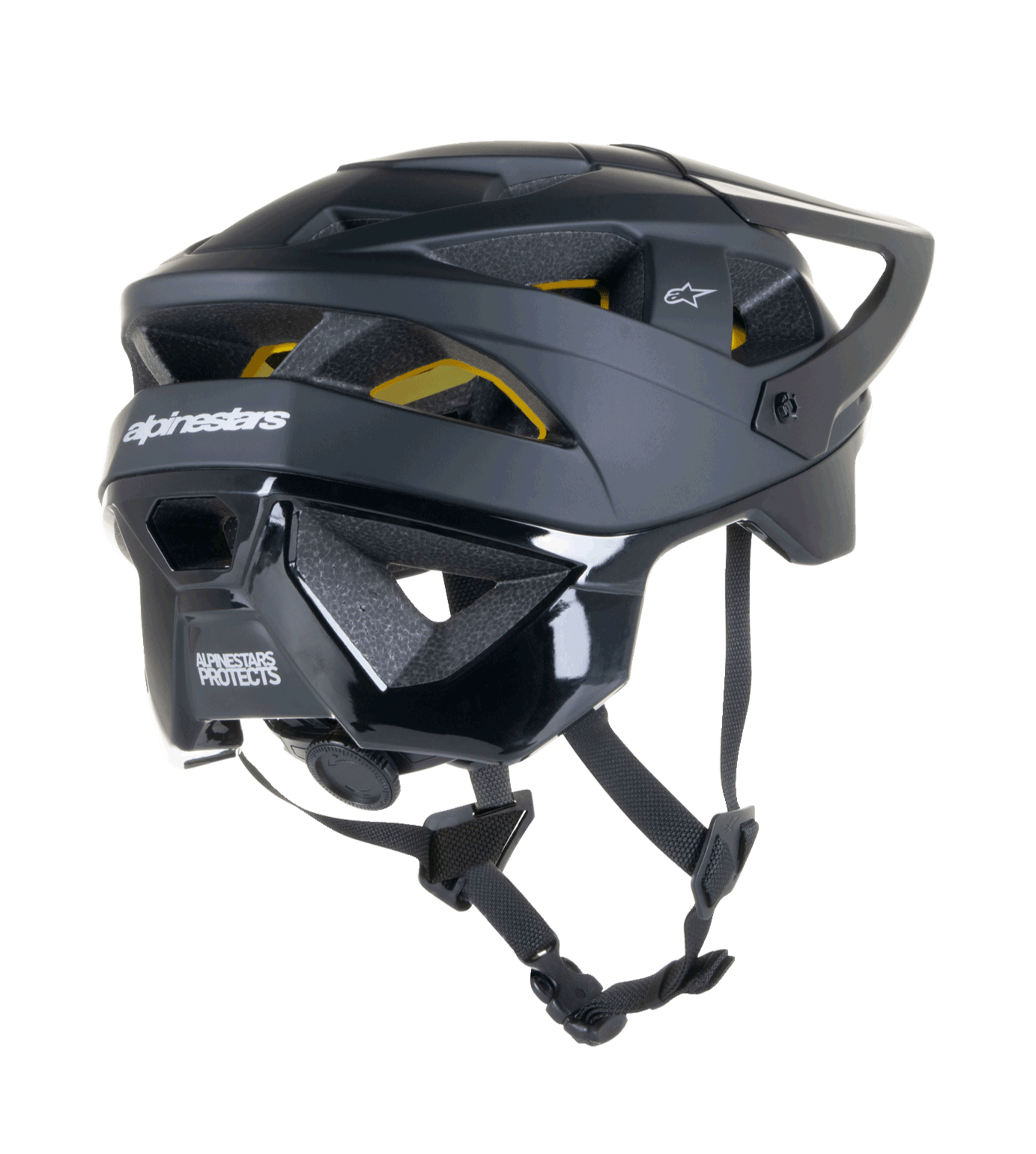 Kask Alpinestars Vector Tech Solid, kask rowerowy MTB, czarne matowe i błyszczące wykończenie, z ochroną MIPS, 19 otworami wentylacyjnymi i przedłużoną osłoną karku dla ochrony na szlakach.