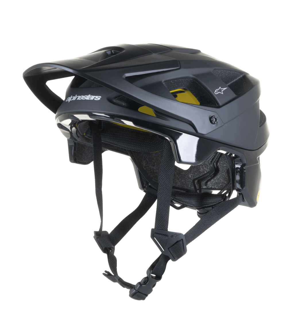 Alpinestars Vector Tech Solid Helmet, czarny kask rowerowy MTB, matowe i błyszczące wykończenie, 19 otworów wentylacyjnych, żółta wewnętrzna wyściółka Mips, regulowany daszek i paski, lekka ochrona do jazdy trail i all-mountain