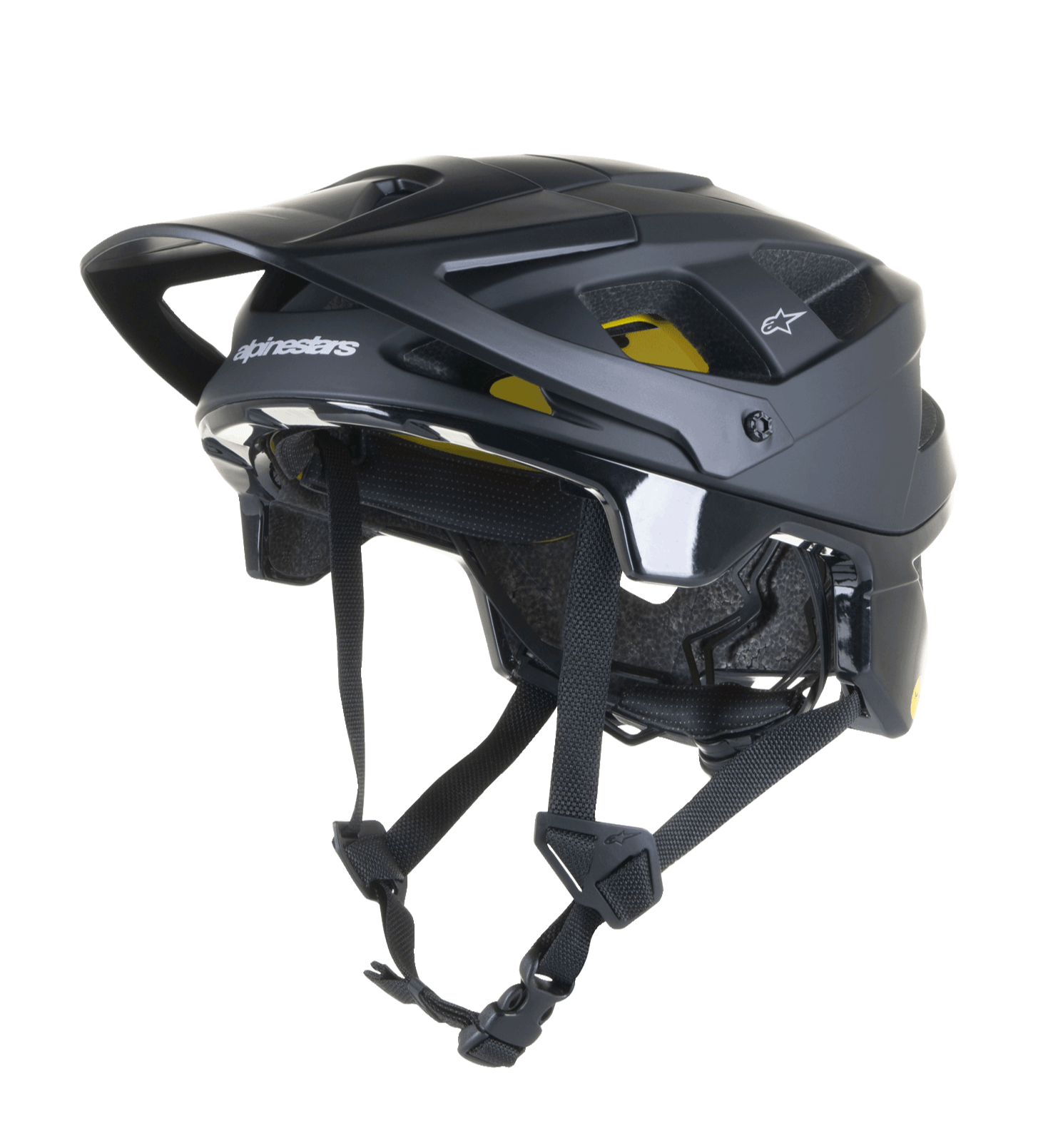 Alpinestars Vector Tech Solid Helmet, czarny kask rowerowy MTB, matowe i błyszczące wykończenie, 19 otworów wentylacyjnych, żółta wewnętrzna wyściółka Mips, regulowany daszek i paski, lekka ochrona do jazdy trail i all-mountain