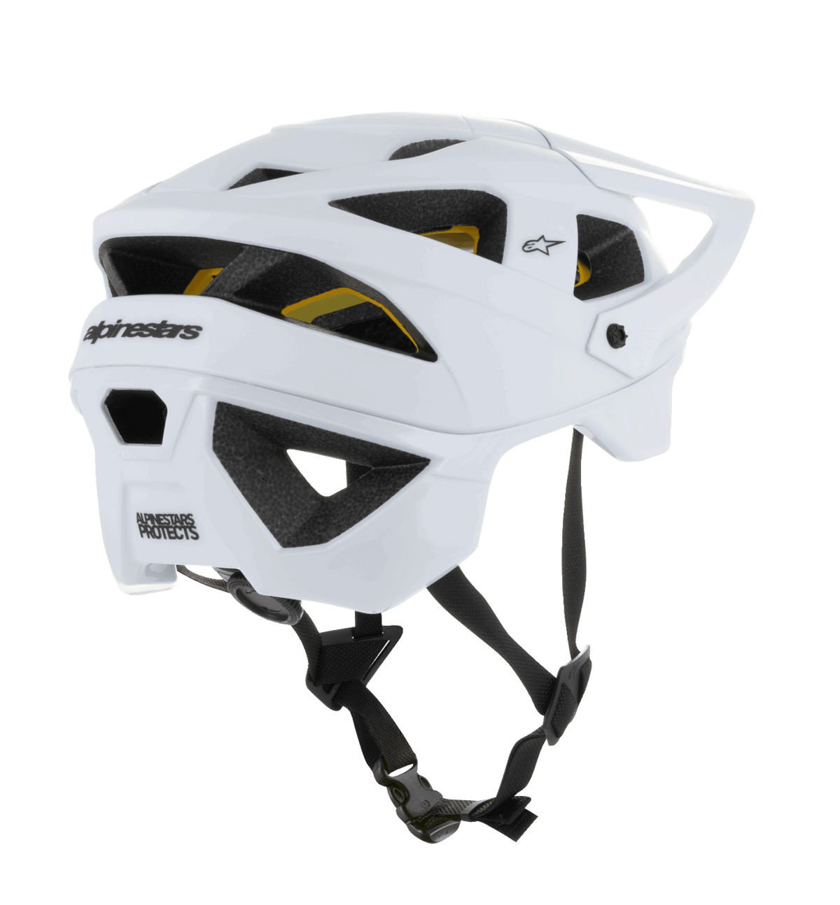 Alpinestars Vector Tech Solid Helmet, otwarty kask MTB, białe matowe i błyszczące wykończenie, duże otwory wentylacyjne z widoczną żółtą wyściółką Mips, czarne logo Alpinestars z tyłu, regulowany czarny pasek podbródkowy, profesjonalna ochrona MTB