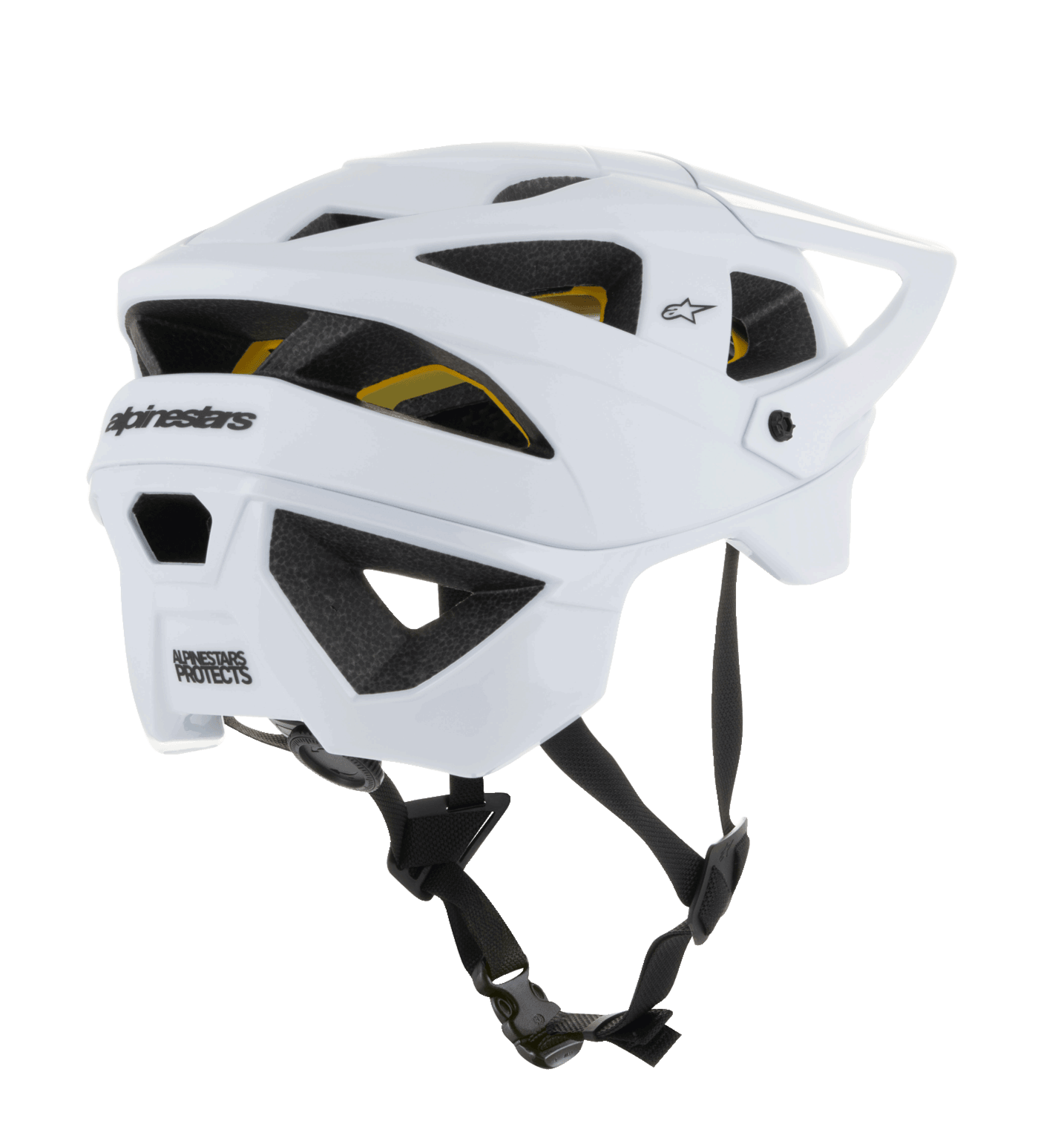Alpinestars Vector Tech Solid Helmet, otwarty kask MTB, białe matowe i błyszczące wykończenie, duże otwory wentylacyjne z widoczną żółtą wyściółką Mips, czarne logo Alpinestars z tyłu, regulowany czarny pasek podbródkowy, profesjonalna ochrona MTB