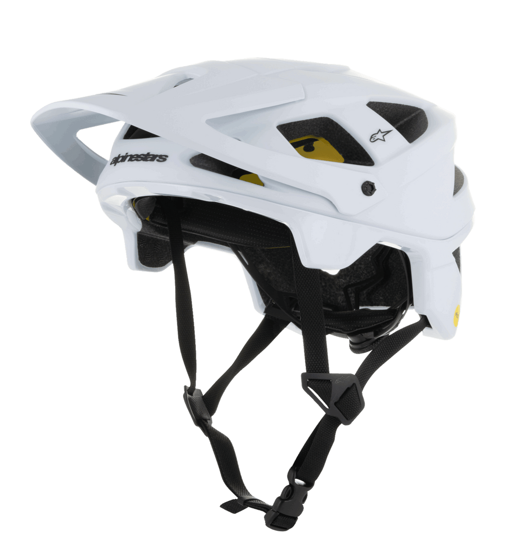 Alpinestars Vector Tech Solid Helmet, kask rowerowy MTB, biały matowy i błyszczący, o angularnej konstrukcji z licznymi otworami wentylacyjnymi, czarnymi regulowanymi paskami podbródkowymi, żółtą wyściółką wewnętrzną Mips i regulowanym przednim daszkiem