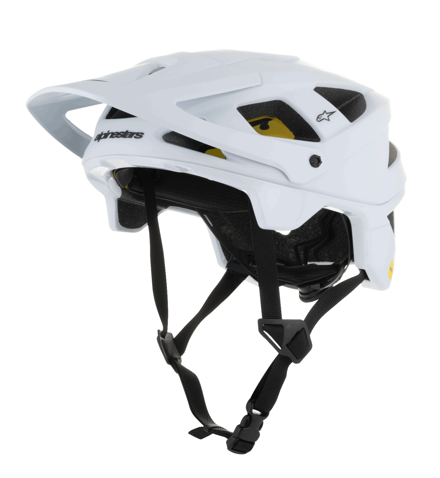 Alpinestars Vector Tech Solid Helmet, kask rowerowy MTB, biały matowy i błyszczący, o angularnej konstrukcji z licznymi otworami wentylacyjnymi, czarnymi regulowanymi paskami podbródkowymi, żółtą wyściółką wewnętrzną Mips i regulowanym przednim daszkiem