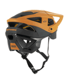 Kask Alpinestars Vector Tech Zeal, kask MTB, czarny i ciemnozłoty, widok z boku i z tyłu ukazujący liczne otwory wentylacyjne, regulowany daszek i solidny czarny pasek podbródkowy, ochronny sprzęt do kolarstwa górskiego z brandingiem Alpinestars