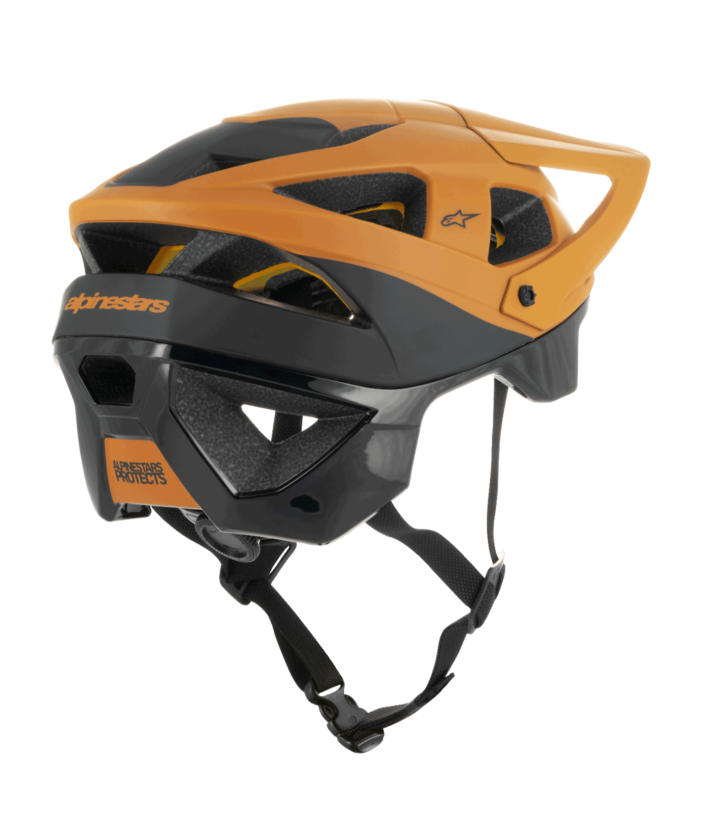 Kask Alpinestars Vector Tech Zeal, kask MTB, czarny i ciemnozłoty, widok z boku i z tyłu ukazujący liczne otwory wentylacyjne, regulowany daszek i solidny czarny pasek podbródkowy, ochronny sprzęt do kolarstwa górskiego z brandingiem Alpinestars