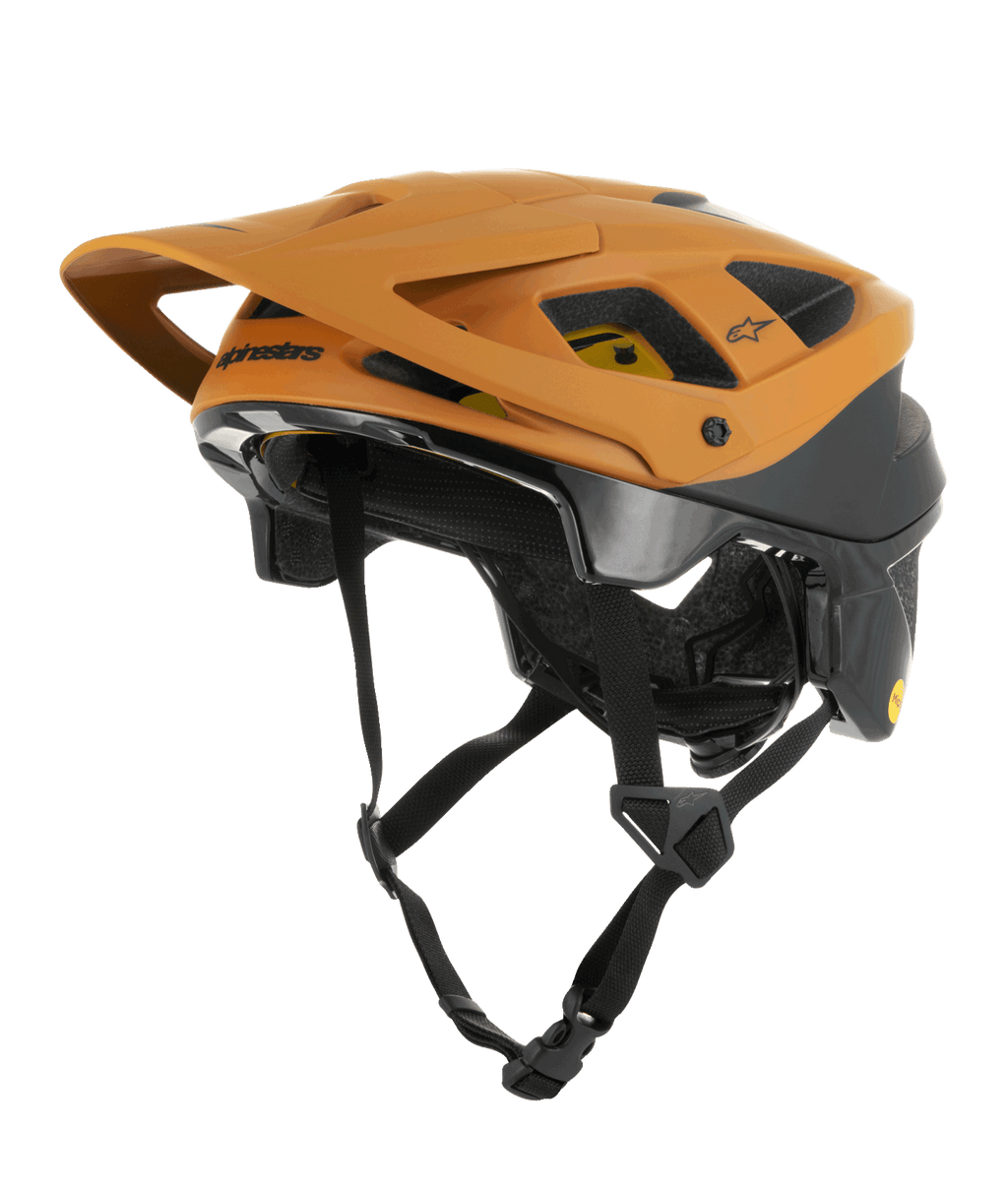 Alpinestars Vector Tech Zeal Helmet, kask do kolarstwa górskiego MTB, pomarańczowo-czarny z żółtym logo Mips, z dużym przednim daszkiem, licznymi otworami wentylacyjnymi i regulowanym paskiem pod brodę, zaprojektowany do ochrony na szlakach terenowych