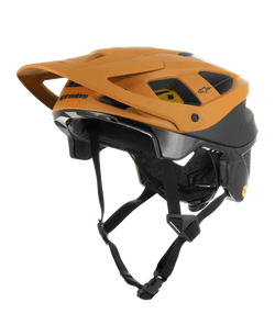 Alpinestars Vector Tech Zeal Helmet, kask do kolarstwa górskiego MTB, pomarańczowo-czarny z żółtym logo Mips, z dużym przednim daszkiem, licznymi otworami wentylacyjnymi i regulowanym paskiem pod brodę, zaprojektowany do ochrony na szlakach terenowych