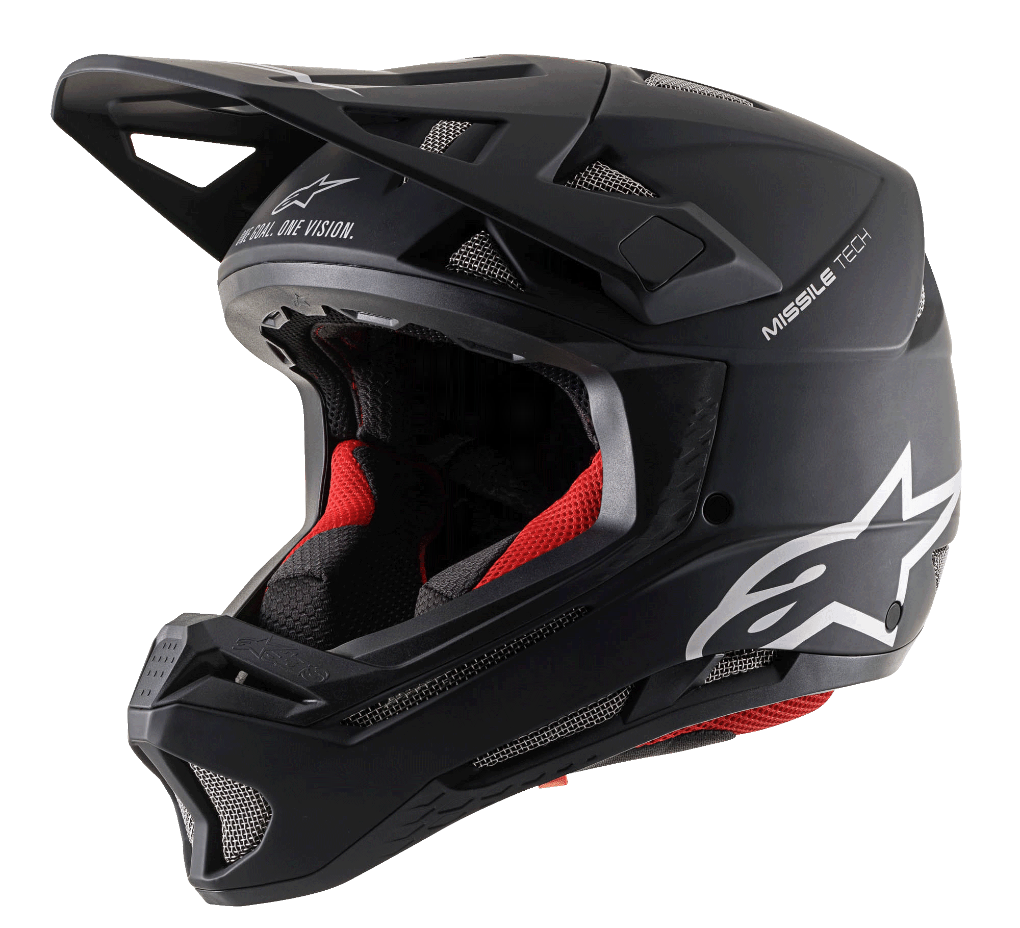 Kask Alpinestars Missile Tech Solid, czarny matowy kask downhill MTB z czerwoną wyściółką i siatkowymi otworami.