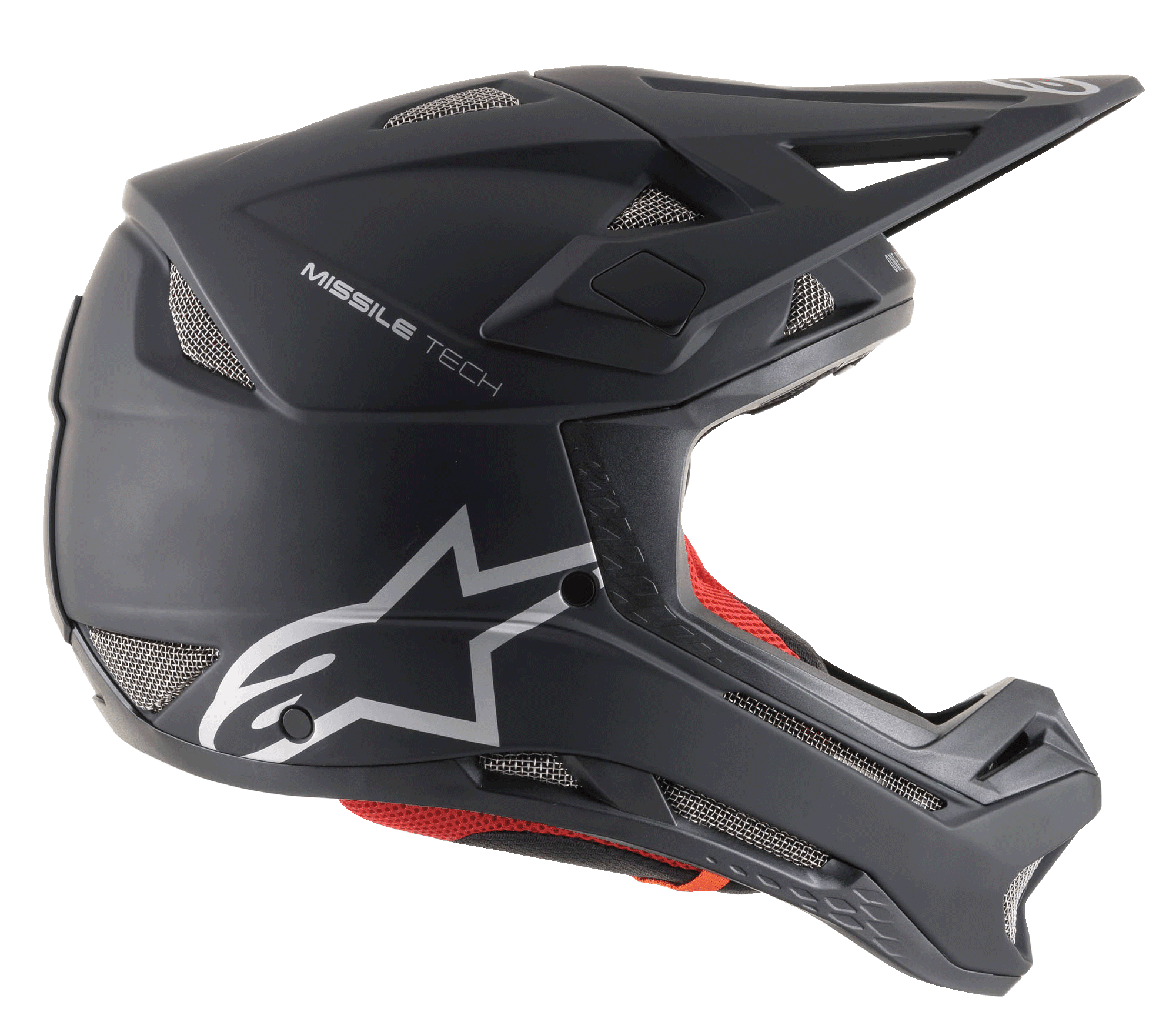 Kask Alpinestars Missile Tech Solid, czarny mat, rowerowy model full-face MTB z siatkowymi wlotami i srebrnym logo.