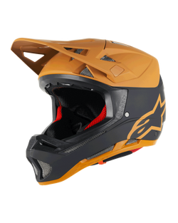 Alpinestars Missile Tech Racer Helmet, kask rowerowy full-face MTB, czarny i ciemnozłoty mat, matowe wykończenie ze złotym logo gwiazdy, czerwona wyściółka wewnętrzna, srebrne otwory wentylacyjne mesh, kanciasty daszek, sprzęt ochronny do kolarstwa zjazdowego downhill