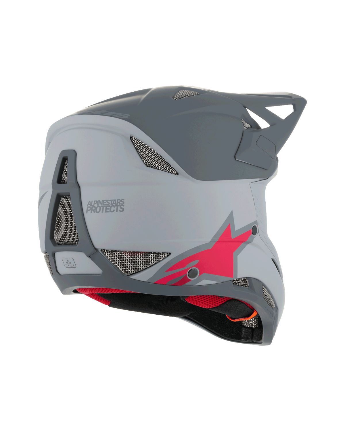Kask Alpinestars Missile Tech Racer, kask rowerowy MTB typu full face, jasnoszary i ciemnoszary matowy z czerwonym logo gwiazdy, widok z tyłu i z boku ukazujący siatkę wentylacyjną i aerodynamiczny profil, ochrona do downhillu
