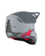Kask Alpinestars Missile Tech Racer, kask rowerowy MTB typu full face, jasnoszary i ciemnoszary matowy z czerwonym logo gwiazdy, widok z tyłu i z boku ukazujący siatkę wentylacyjną i aerodynamiczny profil, ochrona do downhillu