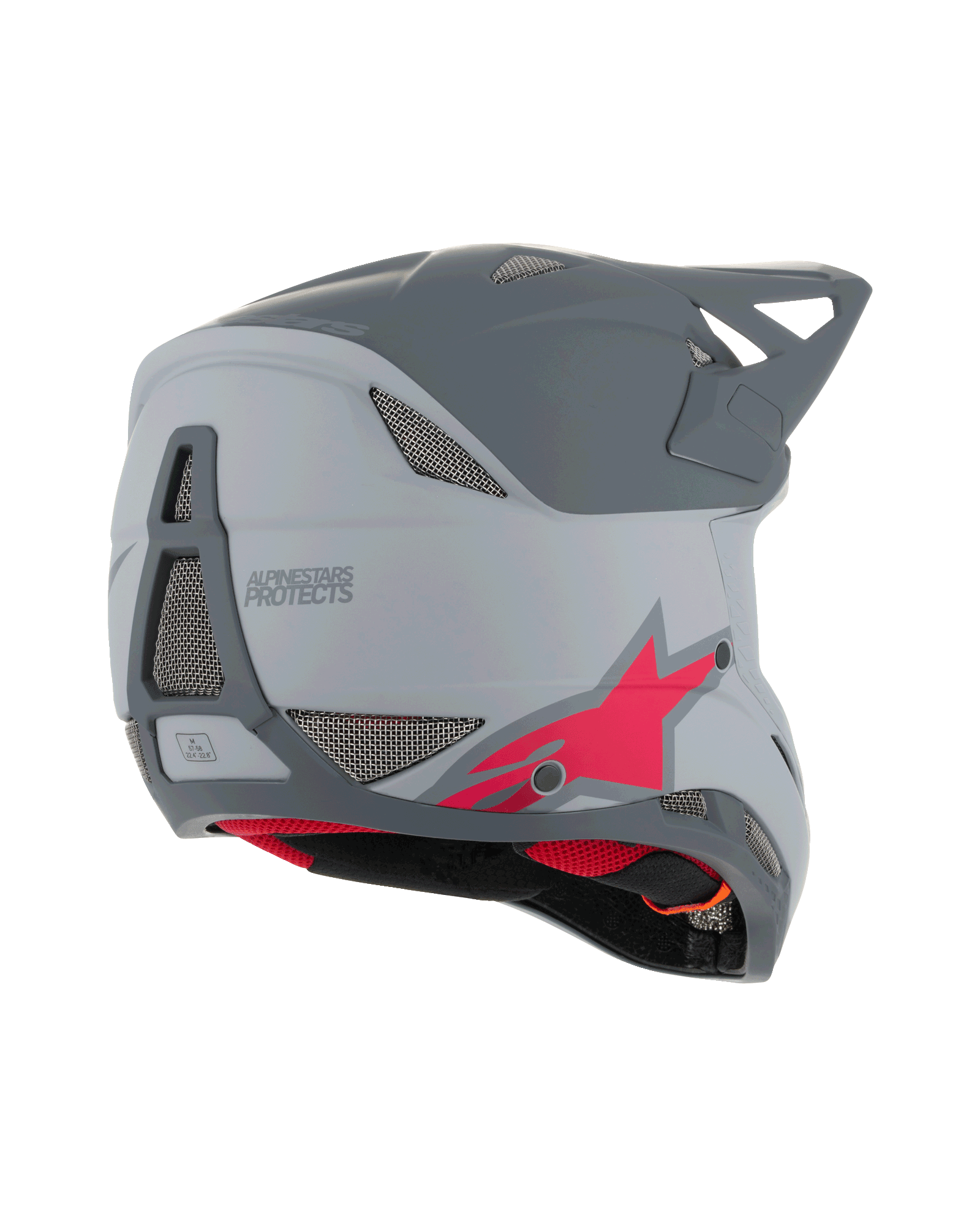 Kask Alpinestars Missile Tech Racer, kask rowerowy MTB typu full face, jasnoszary i ciemnoszary matowy z czerwonym logo gwiazdy, widok z tyłu i z boku ukazujący siatkę wentylacyjną i aerodynamiczny profil, ochrona do downhillu