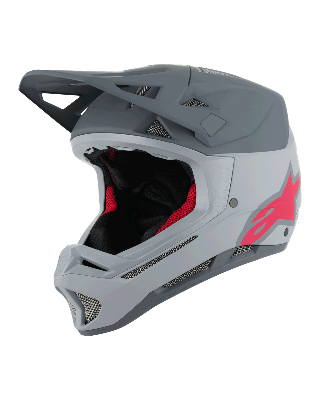Kask Alpinestars Missile Tech Racer, kask rowerowy MTB full-face, jasnoszary i ciemnoszary mat z różowym logo Astars, aerodynamiczny daszek, liczne otwory wentylacyjne z siatką, czarno-czerwona wyściółka wewnętrzna, sprzęt do downhillu