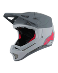 Kask Alpinestars Missile Tech Racer, kask rowerowy MTB full-face, jasnoszary i ciemnoszary mat z różowym logo Astars, aerodynamiczny daszek, liczne otwory wentylacyjne z siatką, czarno-czerwona wyściółka wewnętrzna, sprzęt do downhillu