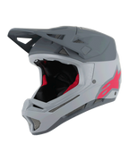 Kask Alpinestars Missile Tech Racer, kask rowerowy MTB full-face, jasnoszary i ciemnoszary mat z różowym logo Astars, aerodynamiczny daszek, liczne otwory wentylacyjne z siatką, czarno-czerwona wyściółka wewnętrzna, sprzęt do downhillu