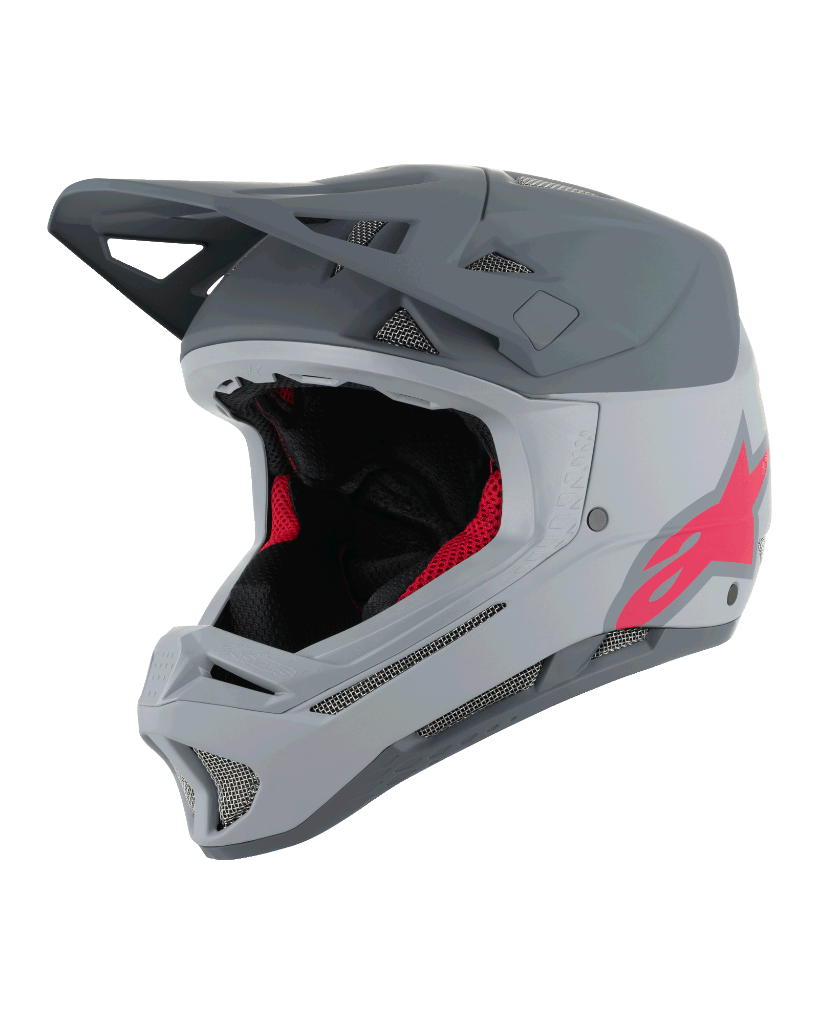 Kask Alpinestars Missile Tech Racer, kask rowerowy MTB full-face, jasnoszary i ciemnoszary mat z różowym logo Astars, aerodynamiczny daszek, liczne otwory wentylacyjne z siatką, czarno-czerwona wyściółka wewnętrzna, sprzęt do downhillu