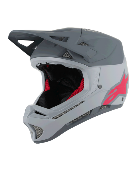 Kask Alpinestars Missile Tech Racer, kask rowerowy MTB full-face, jasnoszary i ciemnoszary mat z różowym logo Astars, aerodynamiczny daszek, liczne otwory wentylacyjne z siatką, czarno-czerwona wyściółka wewnętrzna, sprzęt do downhillu