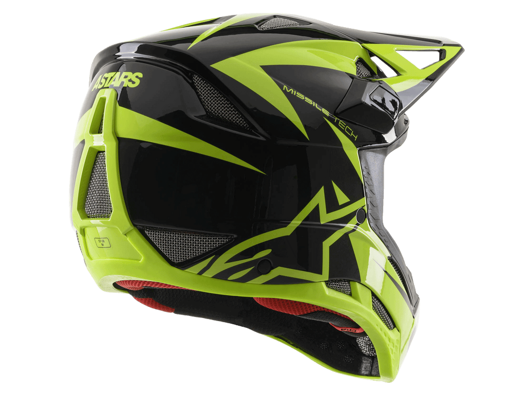 Kask Alpinestars Missile Tech-Air Full Face, czarno-żółty neonowy z połyskiem, widok z tyłu pod kątem trzech czwartych, duże siatkowe otwory wentylacyjne, logo ASTARS i czerwona wyściółka, przeznaczony do downhillu MTB.