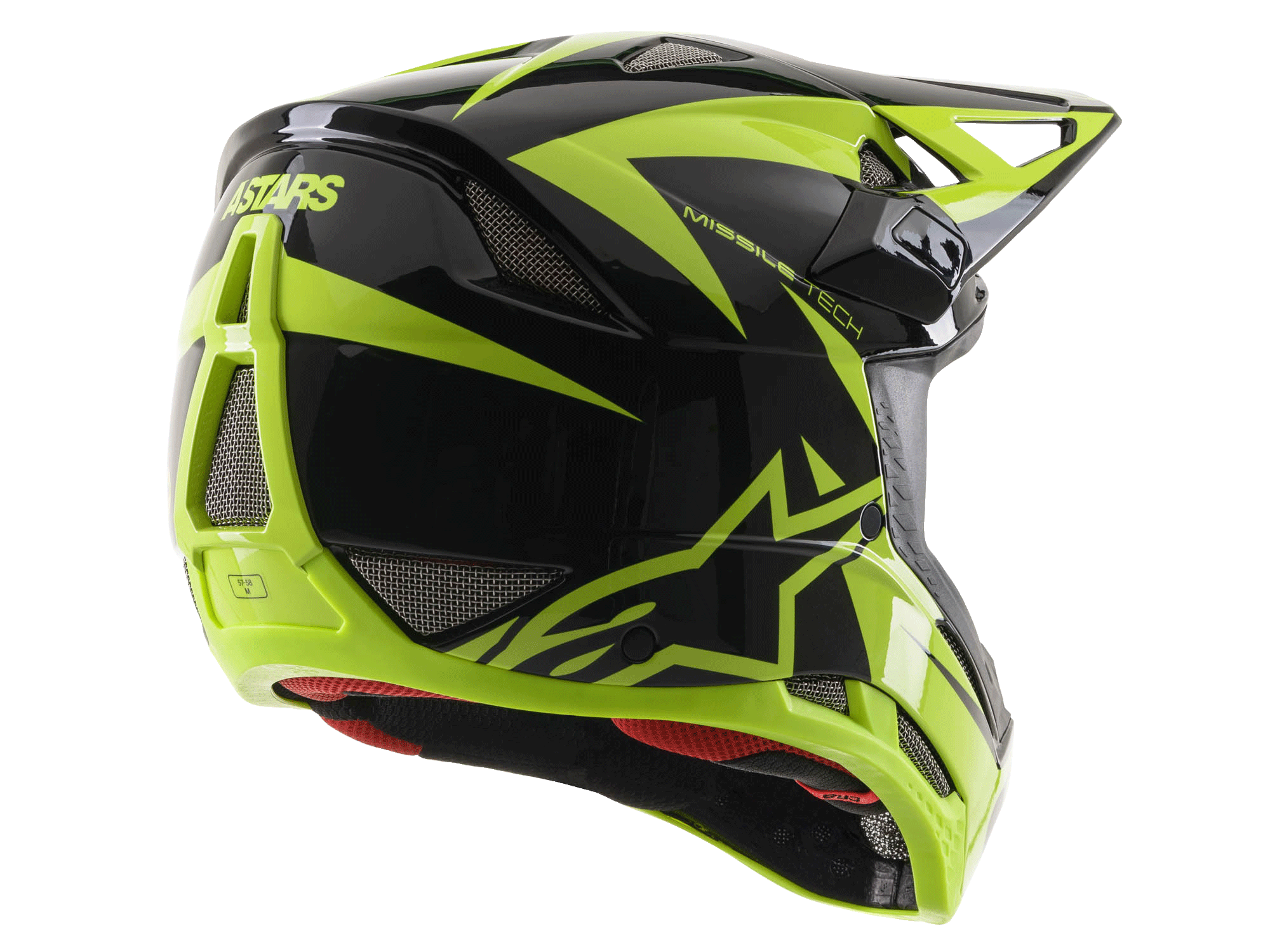 Kask Alpinestars Missile Tech-Air Full Face, czarno-żółty neonowy z połyskiem, widok z tyłu pod kątem trzech czwartych, duże siatkowe otwory wentylacyjne, logo ASTARS i czerwona wyściółka, przeznaczony do downhillu MTB.