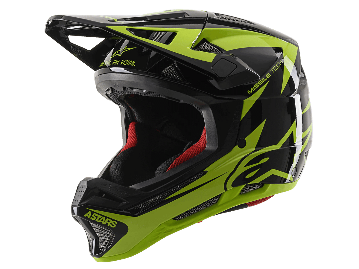 Alpinestars Missile Tech-Air Full Face Helmet, kask MTB downhill, czarny i żółty fluo z połyskiem, 22 otwory wentylacyjne, branding „ASTARS” i „MISSILE TECH”, czerwona wyściółka, błyszczący aerodynamiczny design