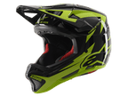 Alpinestars Missile Tech-Air Full Face Helmet, kask MTB downhill, czarny i żółty fluo z połyskiem, 22 otwory wentylacyjne, branding „ASTARS” i „MISSILE TECH”, czerwona wyściółka, błyszczący aerodynamiczny design