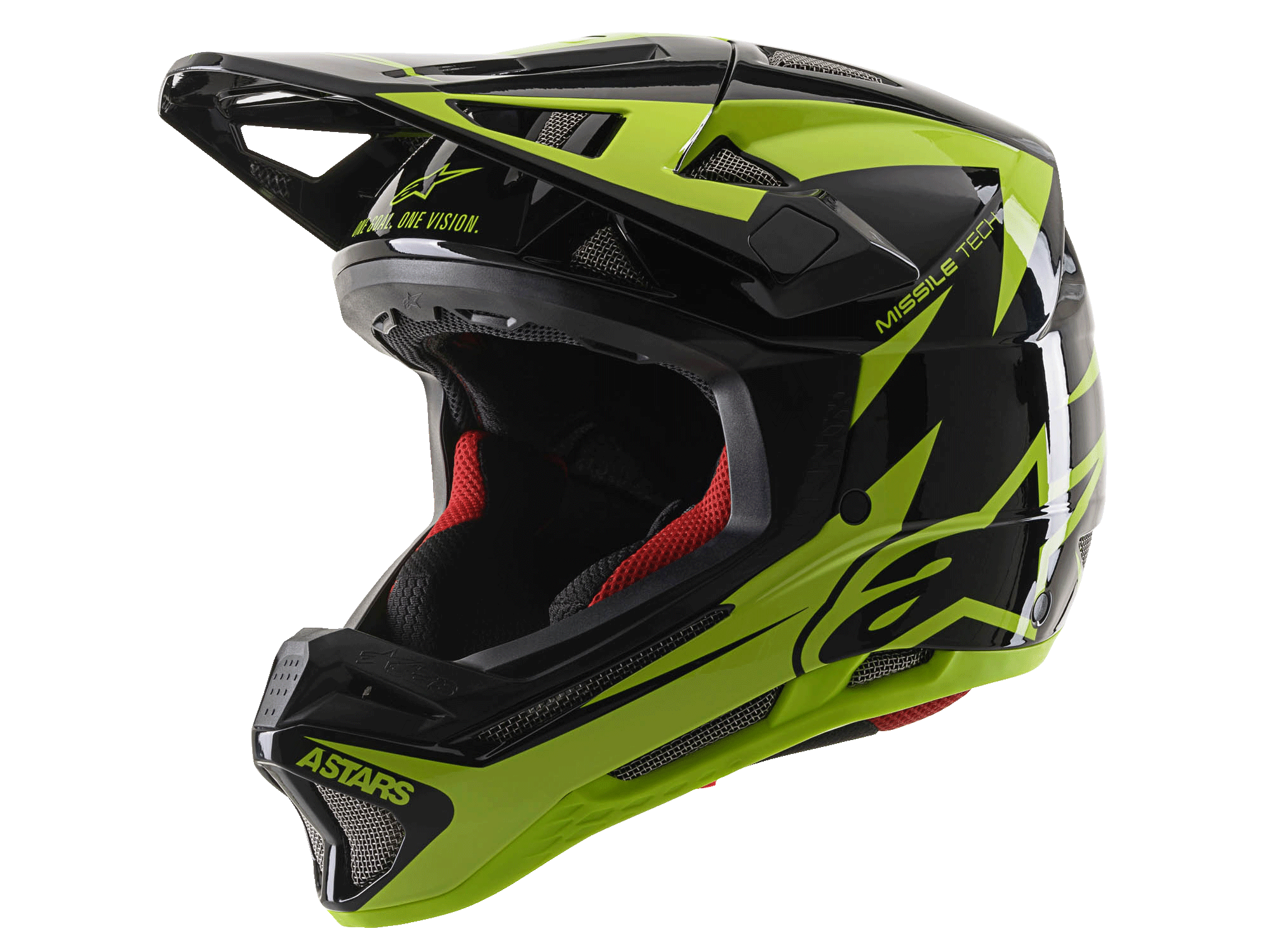 Alpinestars Missile Tech-Air Full Face Helmet, kask MTB downhill, czarny i żółty fluo z połyskiem, 22 otwory wentylacyjne, branding „ASTARS” i „MISSILE TECH”, czerwona wyściółka, błyszczący aerodynamiczny design