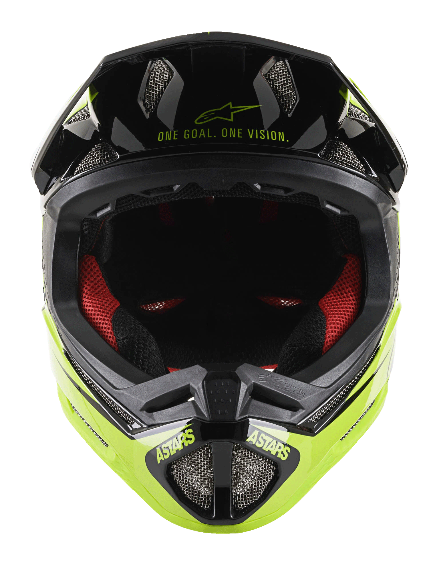 Kask Alpinestars Missile Tech-Air® Full Face, kask MTB typu full face, czarny i żółty fluorescencyjny z połyskiem, widok z przodu z napisem „One Goal. One Vision.” na daszku, czerwona wewnętrzna wyściółka, siatkowe otwory wentylacyjne i logo ASTARS na osłonie szczęki