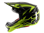 Alpinestars Missile Tech-Air Full Face Helmet, kask MTB full face, czarny i żółty fluo połysk, widok z boku podkreślający duże żółte logo gwiazdy, siatkowe otwory wentylacyjne i aerodynamiczny daszek do jazdy downhill.