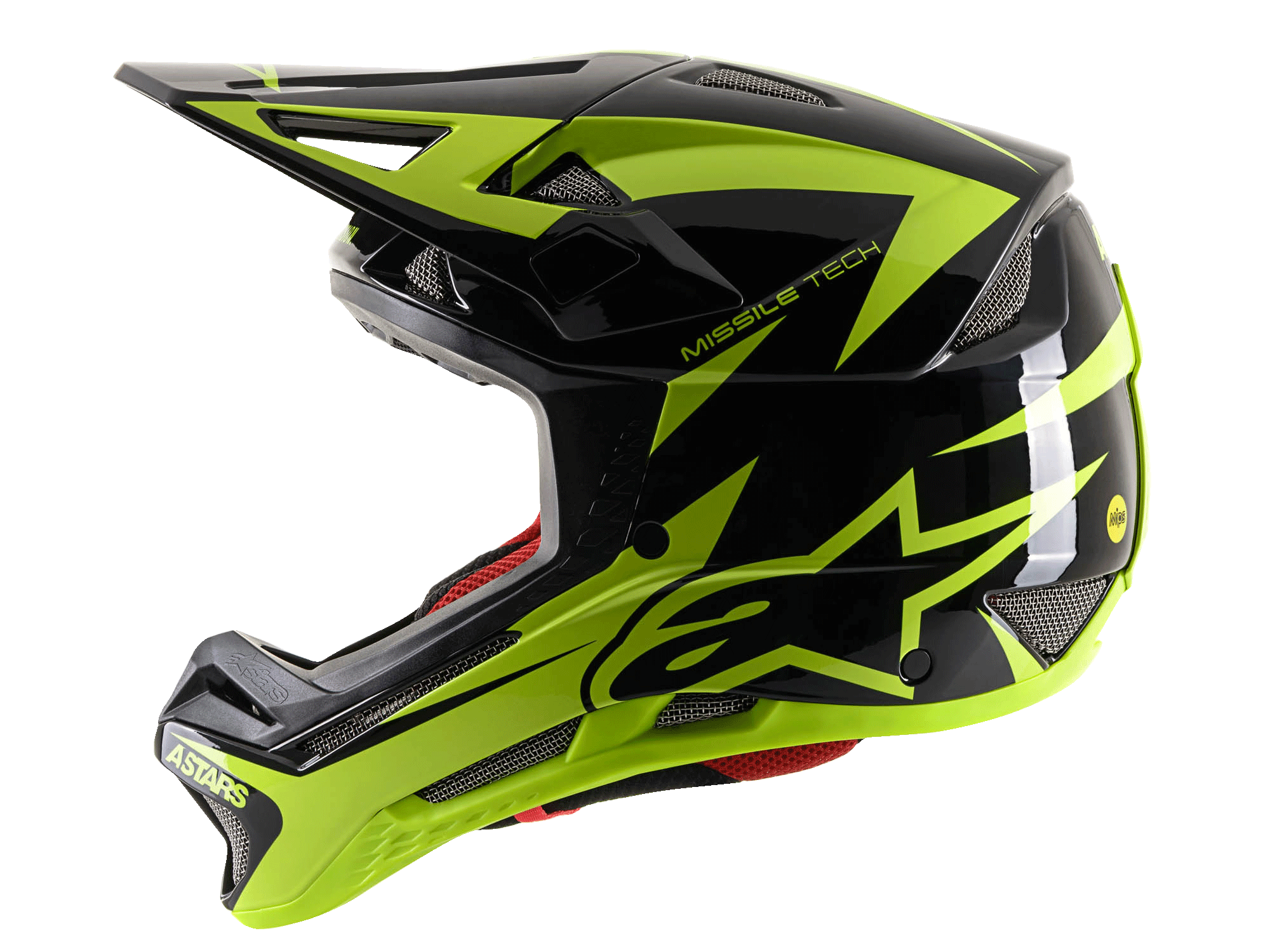 Alpinestars Missile Tech-Air Full Face Helmet, kask MTB full face, czarny i żółty fluo połysk, widok z boku podkreślający duże żółte logo gwiazdy, siatkowe otwory wentylacyjne i aerodynamiczny daszek do jazdy downhill.