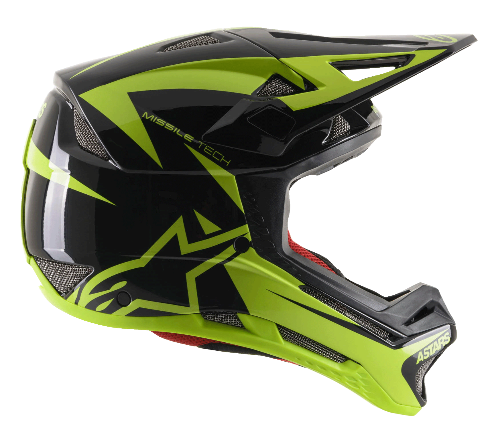 Kask Alpinestars Missile Tech-Air Full Face, kask MTB do downhillu, czarny i żółty fluo z połyskiem, widok z profilu z aerodynamicznymi siatkowymi otworami wentylacyjnymi, duże fluorescencyjne żółte logo gwiazdy i branding MISSILE TECH, czerwona wyściółka wewnętrzna, smukły wyczynowy design do kolarstwa górskiego