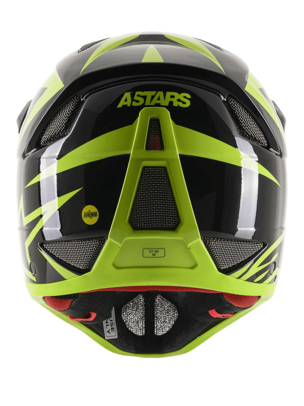 Kask Alpinestars Missile Tech-Air Full Face, widok z tyłu, czarno-żółty neonowy z połyskiem, logo ASTARS i MIPS, aerodynamiczna konstrukcja z licznymi otworami wentylacyjnymi osłoniętymi siatką