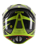 Kask Alpinestars Missile Tech-Air Full Face, widok z tyłu, czarno-żółty neonowy z połyskiem, logo ASTARS i MIPS, aerodynamiczna konstrukcja z licznymi otworami wentylacyjnymi osłoniętymi siatką