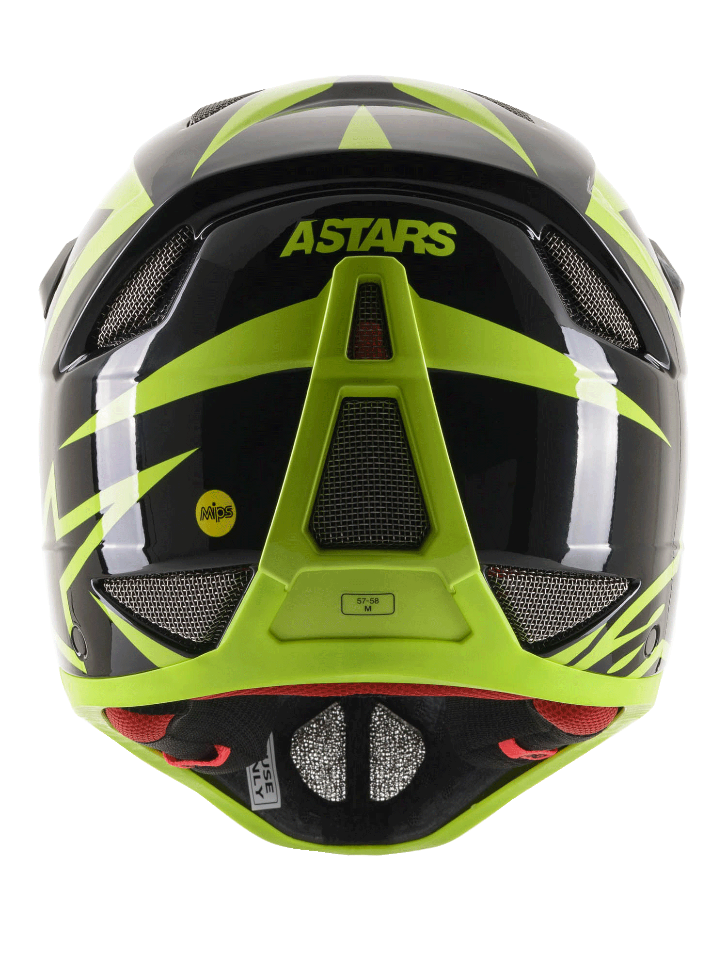 Kask Alpinestars Missile Tech-Air Full Face, widok z tyłu, czarno-żółty neonowy z połyskiem, logo ASTARS i MIPS, aerodynamiczna konstrukcja z licznymi otworami wentylacyjnymi osłoniętymi siatką
