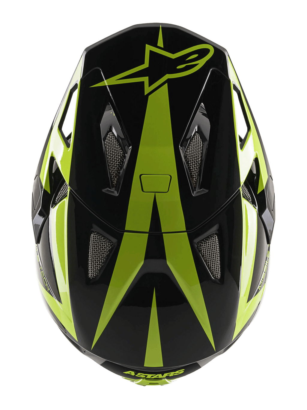 Kask Alpinestars Missile Tech-Air Full Face, kask MTB, czarny i żółty fluo błyszczący, widok z góry przedstawiający logo z gwiazdą oraz siatkowe otwory wentylacyjne