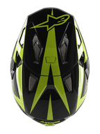Kask Alpinestars Missile Tech-Air Full Face, kask MTB, czarny i żółty fluo błyszczący, widok z góry przedstawiający logo z gwiazdą oraz siatkowe otwory wentylacyjne