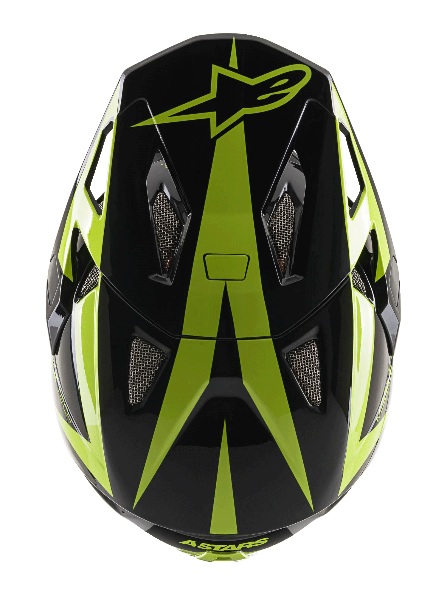Kask Alpinestars Missile Tech-Air Full Face, kask MTB, czarny i żółty fluo błyszczący, widok z góry przedstawiający logo z gwiazdą oraz siatkowe otwory wentylacyjne