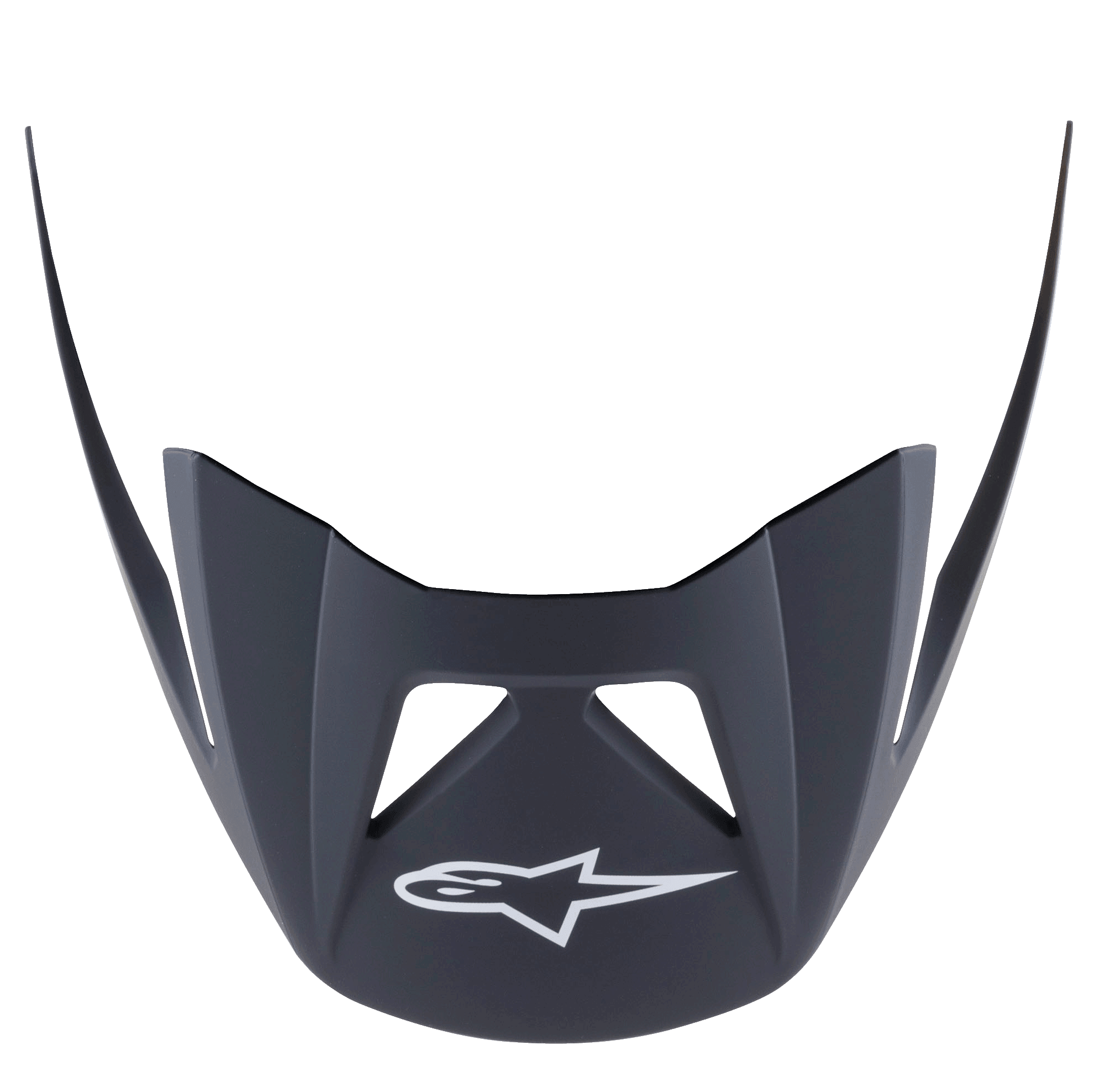 Alpinestars Visor Vector Pro A2, wymienny daszek do kasku MTB, czarny matowy (Ebony Matt), białe logo Astars z przodu, aerodynamiczny kanciasty kształt z wycięciami wentylacyjnymi, matowe plastikowe wykończenie