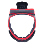 Alpinestars Supertech R10 Crown Pad, szara wymienna wyściółka górna kasku, okrągły kształt z czerwoną lamówką i szarym materiałem, czarne plastikowe elementy mocujące z logo Alpinestars, akcesorium do personalizacji dopasowania i komfortu kasku