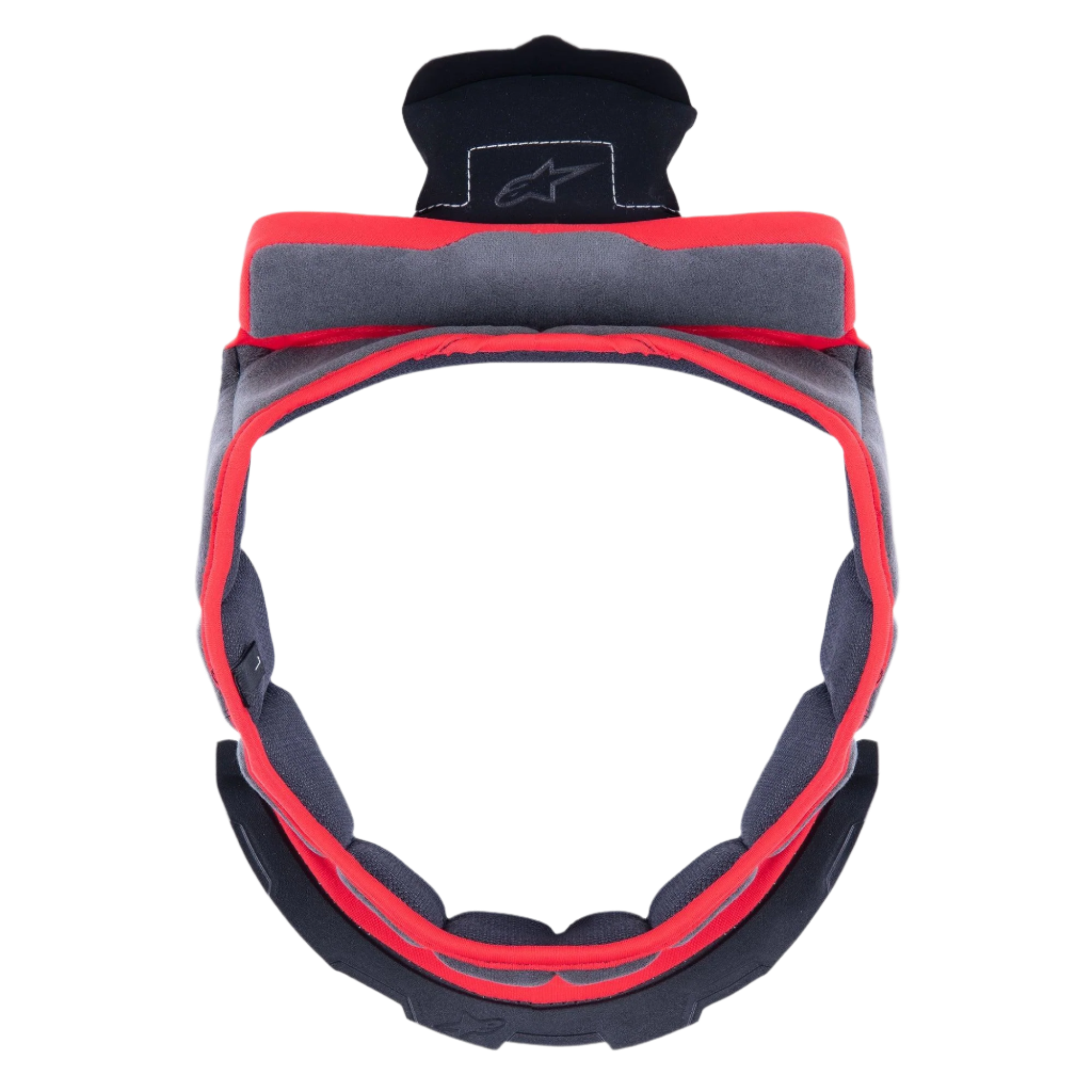 Alpinestars Supertech R10 Crown Pad, szara wymienna wyściółka górna kasku, okrągły kształt z czerwoną lamówką i szarym materiałem, czarne plastikowe elementy mocujące z logo Alpinestars, akcesorium do personalizacji dopasowania i komfortu kasku